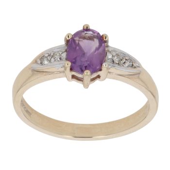9ct Yellow Gold 0.04ct Diamond And Created Amethyst Ring