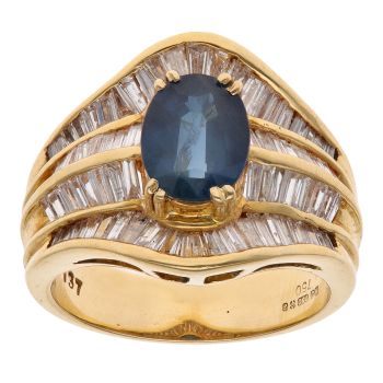 18ct Yellow Gold 1.37ct Baguette Cut Diamond and Sapphire Ring