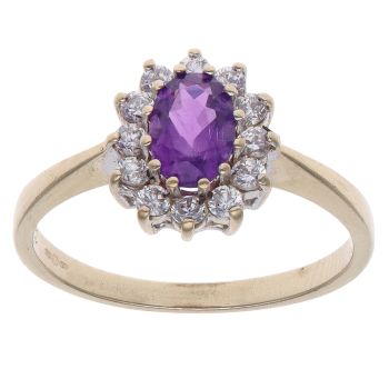 9ct Yellow Gold CubIc Zirconia and Amethyst Cluster Ring