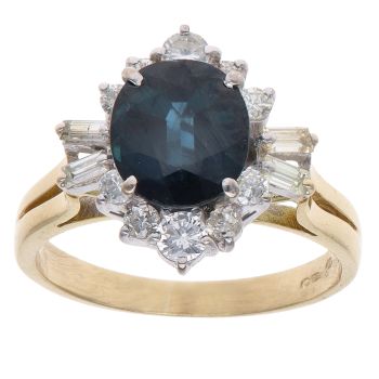 9ct Yellow Gold 0.50ct Baguette and Brilliant Cut Diamond and Sapphire Cluster Ring