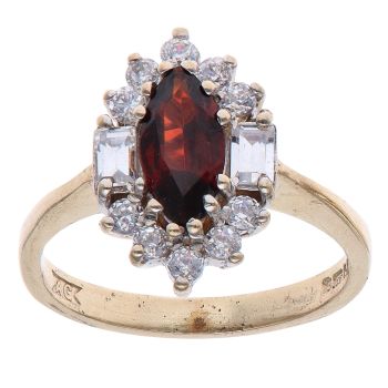 9ct Yellow Gold Red Gemstone and Cubic Zirconia Cluster Ring