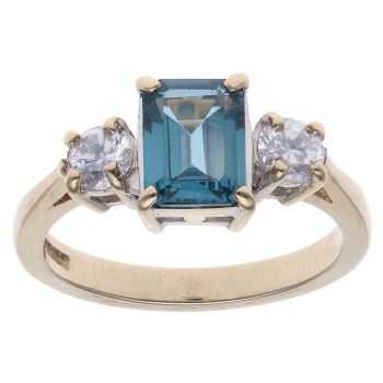 9ct Yellow Gold Blue Topaz and Cubic Zirconia Three Stone Ring