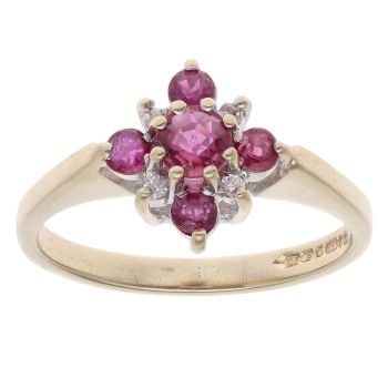 9ct Yellow Gold 0.05ct Diamond and Ruby Cluster Ring