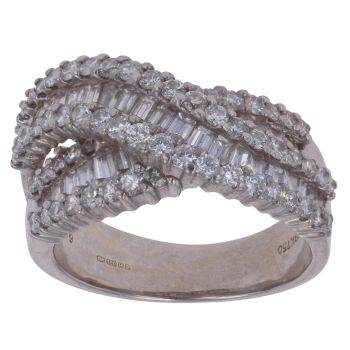 18ct White Gold 2.15ct Brilliant and Baguette Cut Diamond Crossover Cluster Ring