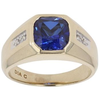 9ct Yellow Gold 0.02ct Diamond and Blue Gemstone Signet Ring