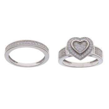 Silver Cubic Zirconia Set Of Two Half Eternity and Heart Cluster Ring By Icesia