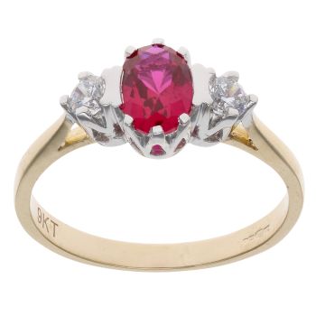 9ct Yellow Gold Red Gemstone And Cubic Zirconia Three Stone Ring