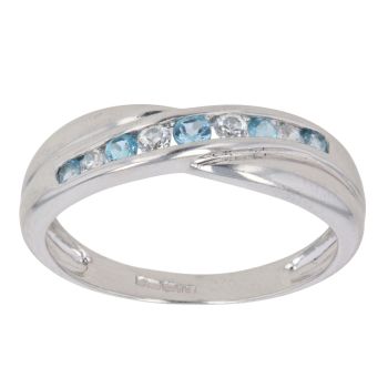9ct White Gold Cubic Zirconia and Aquamarine Crossover Ring