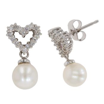 14ct White Gold 0.15ct Diamond And Pearl Heart Drop Earrings