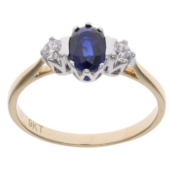 9ct Yellow Gold Blue Gemstone And Cubic Zirconia Three Stone Ring