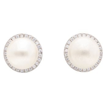 Silver Cubic Zirconia And Pearl Stud Earrings by Icesia