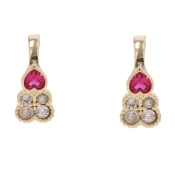 14ct Yellow Gold Cubic Zirconia And Red Gemstone Heart Earrings