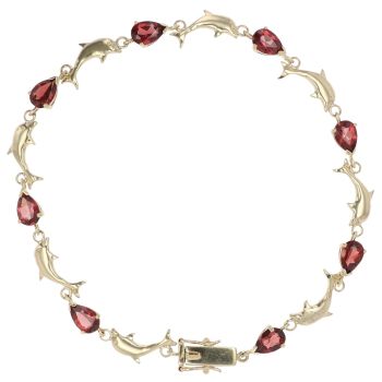 9ct Yellow Gold Garnet and Dolphins Fancy Bracelet 7"