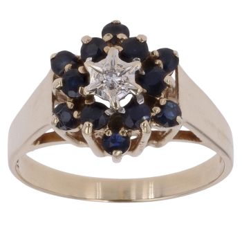 9ct Yellow Gold 0.01ct Brilliant Cut Diamond and Sapphire Cluster Ring