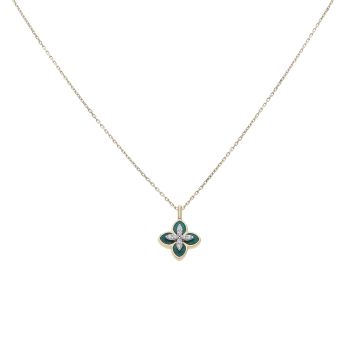 14ct Yellow Gold Green Enamel and Cubic Zirconia Flower Pendant and Chain 20"
