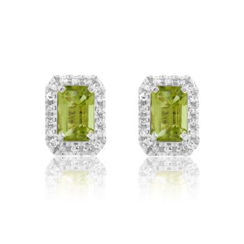 Silver 18ct Yellow Gold Plated Peridot Emerald Cut Diamond Halo Stud Earrings