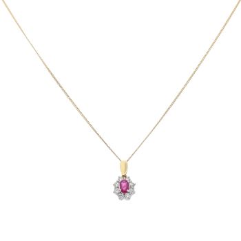 18ct Yellow Gold 0.40ct Brilliant Cut Diamond and Ruby Cluster Pendant and Chain 18"