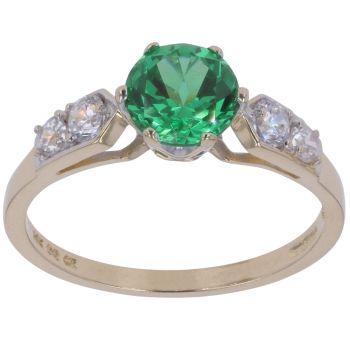14ct Yellow Gold Cubic Zirconia and Green Gemstone Solitaire Ring