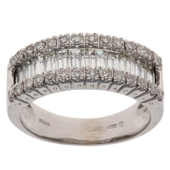 14ct White Gold 1.75ct Brilliant and Baguette Cut Three Row Ring