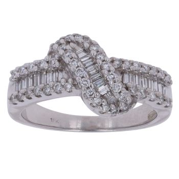 18ct White Gold 0.65ct Brilliant and Baguette Cut Diamond Three Row Crossover Ring