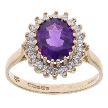 9ct Yellow Gold Amethyst and Cubic Zirconia Cluster Ring