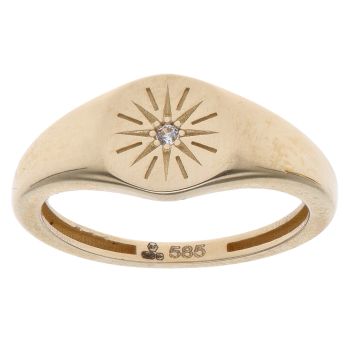 14ct Yellow Gold Cubic Zirconia Starburst Signet Ring