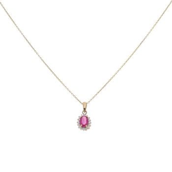 9ct Yellow Gold 0.15ct Diamond and Ruby Cluster Pendant and Chain 16"
