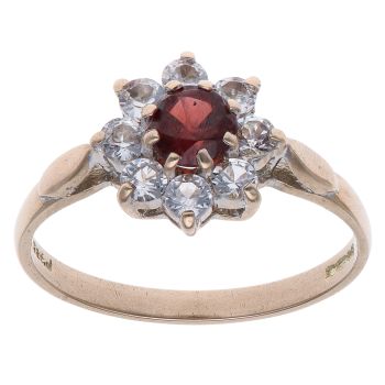 9ct Yellow Gold Garnet and Cubic Zirconia Flower Cluster Ring