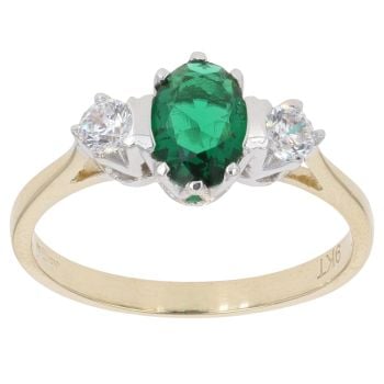 9ct Yellow Gold Cubic Zirconia and Green Gemstone Three Stone Ring