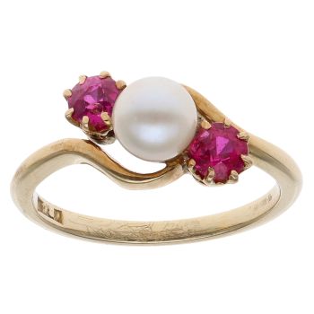 14ct Yellow Gold Pink Sapphire and Pearl Three Stone Ring