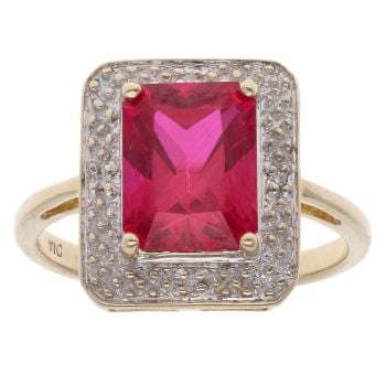 9ct Yellow Gold 0.02ct Diamond And Created Ruby Cluster Ring