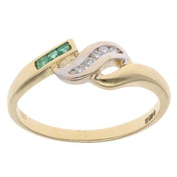 18ct Yellow Gold 0.05ct Diamond And Emerald Crossover Ring