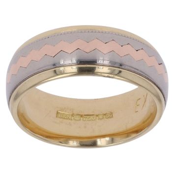 18ct Yellow, White and Rose Gold Patterned Wedding Band 7mm
