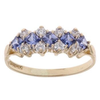 9ct Yellow Gold Tanzanite And Cubic Zirconia Three Row Ring