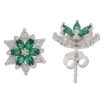 Silver Cubic Zirconia and Green Gemstone Cluster Stud Earrings