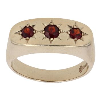 9ct Yellow Gold Garnet Three Stone Signet Ring