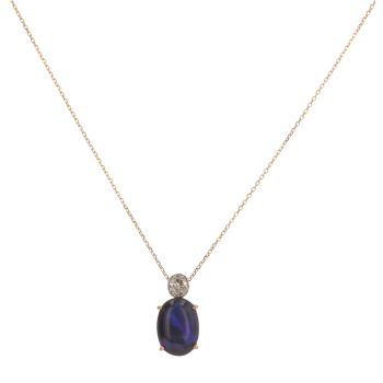 18ct Yellow and White Gold 0.30ct Old Cut Diamond and Black Opal Pendant and Chain 18"