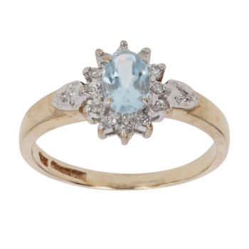 9ct Yellow Gold 0.05ct Brilliant Cut Diamond and Aquamarine Cluster Ring