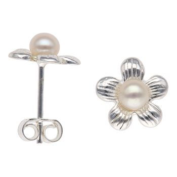 Silver Pearl Flower Stud Earrings By Icesia