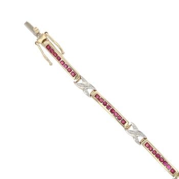 9ct Yellow and White Gold 0.05ct Diamond and Ruby Bracelet 7"