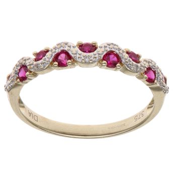 9ct Yellow and White Gold 0.05ct Diamond and Ruby Wave Ring