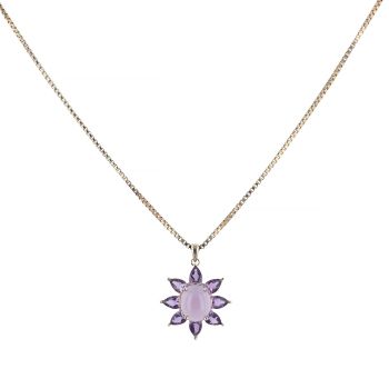 9ct Yellow Gold Amethyst and Purple Cabochon Flower Cluster Pendant and Chain 16"