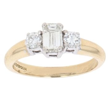 18ct Yellow Gold 0.95ct Emerald And Brilliant Cut Diamond Trilogy Ring
