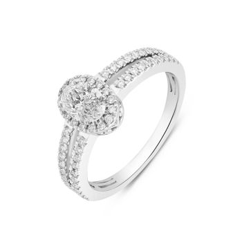 Silver Platinum Plated Oval Cut Lab Grown Diamond Ring with Halo and Double Diamond Shoulders