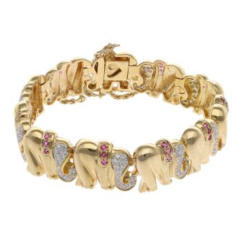 18ct Yellow Gold 1.40ct Brilliant Cut Diamond and Ruby Elephants Bracelet 7"