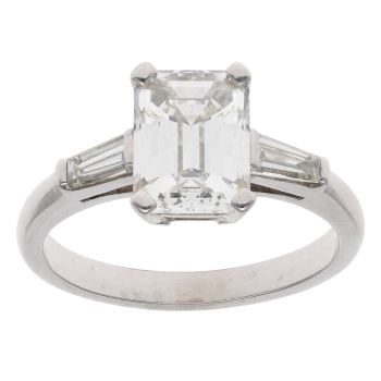 Platinum 2.50ct Emerald and Tapered Baguette Cut Diamond Solitaire Ring