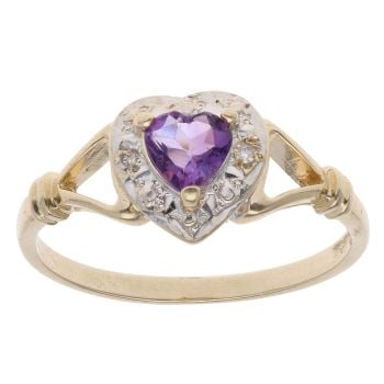 9ct Yellow and White Gold 0.02ct Diamond and Amethyst Heart Ring