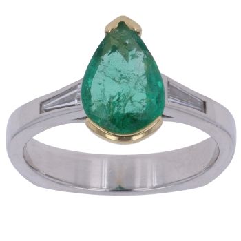 Platinum 0.25ct Tapered Baguette Cut Diamond and Emerald Ring