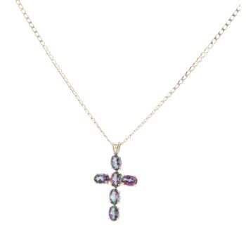 9ct Yellow Gold Mystic Topaz Cross Pendant And Chain 18"