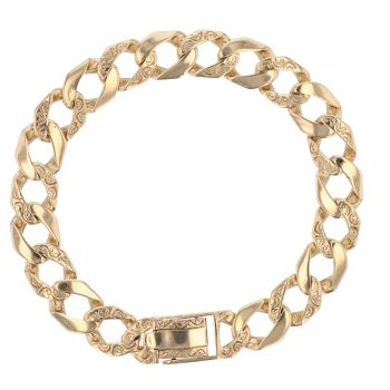 9ct Yellow Gold Patterned and Plain Curb Bracelet 9"